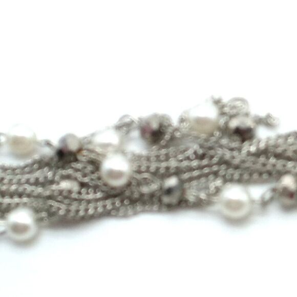 Faux Pearl Crystal Necklace Beaded Multi-Strand Layered Tassel Silver-tone Chain - Picture 10 of 16